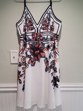 Floral V-Neck Spaghetti Strap Mini Dress in White with Orange Accents